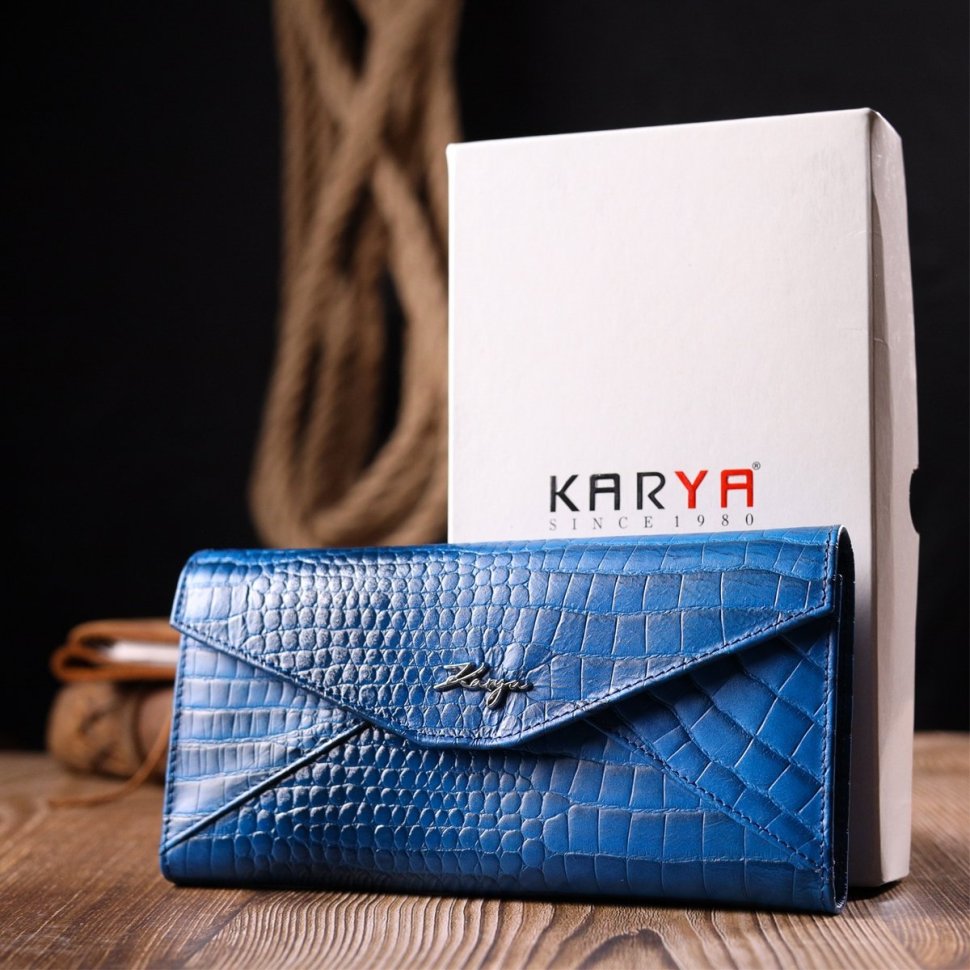 Синий женский кошелек из натуральной кожи с тиснением под рептилию KARYA (2421147)