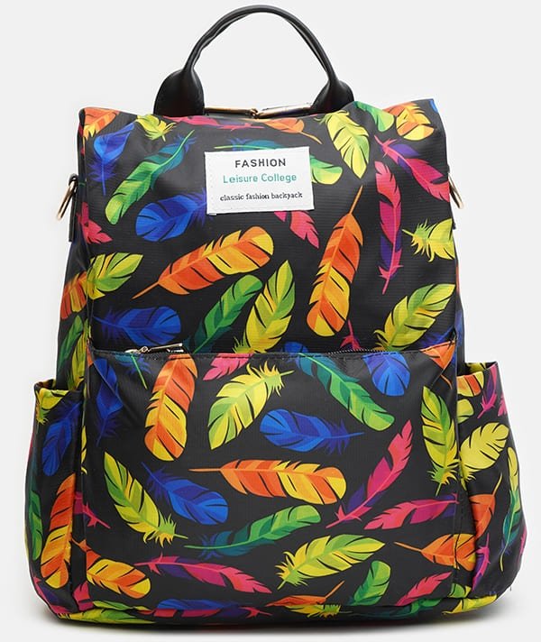 Молодежный женский рюкзак-сумка из текстиля с принтом Перья - Monsen (21462)