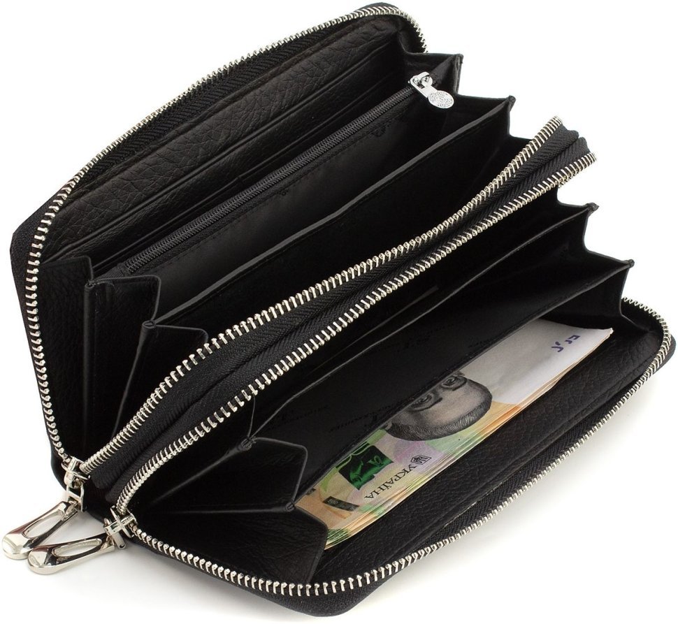 Вместительный женский кошелек на две молнии черного цвета - ST Leather (17071)