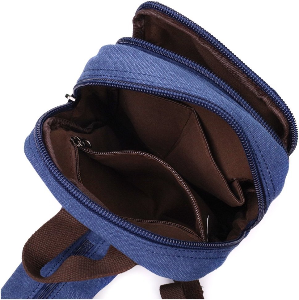 Синий мужской слинг-рюкзак из качественного текстиля на две молнии Vintage 2422165