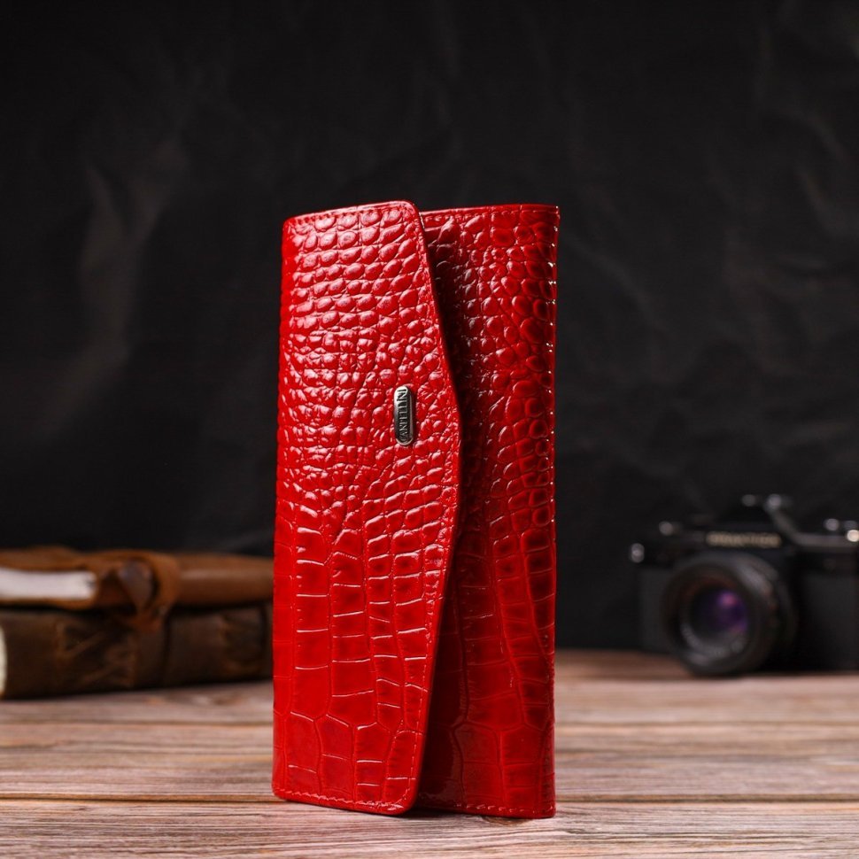 Красный женский кошелек из натуральной кожи под рептилию с клапаном CANPELLINI (2421699)