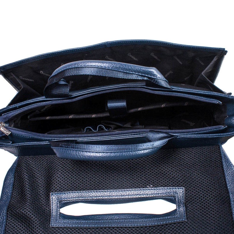 Кожаный стильный портфель из мягкой кожи синего цвета - DESISAN (11598)