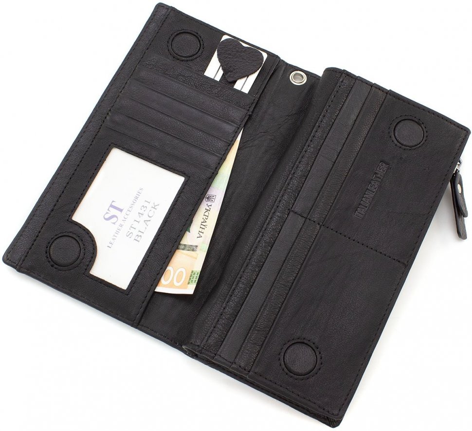 Вместительный кожаный кошелек черного цвета под много карточек ST Leather (15383)