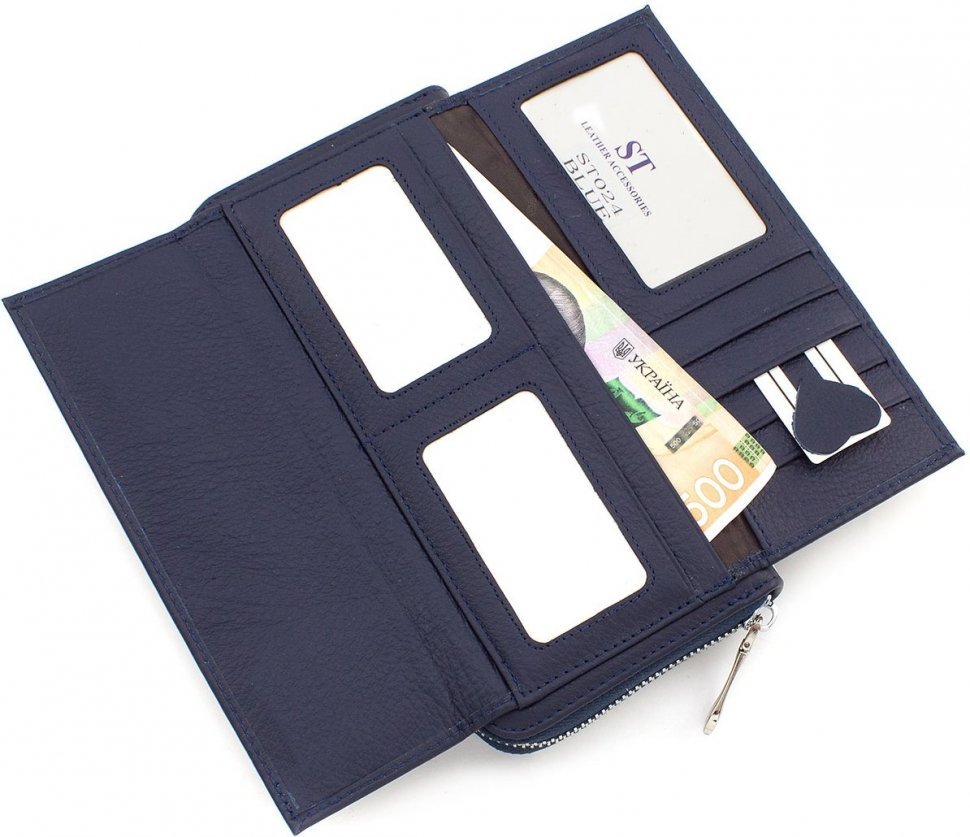 Кожаный темно-синий кошелек с наружным блоком под карты ST Leather (15316)