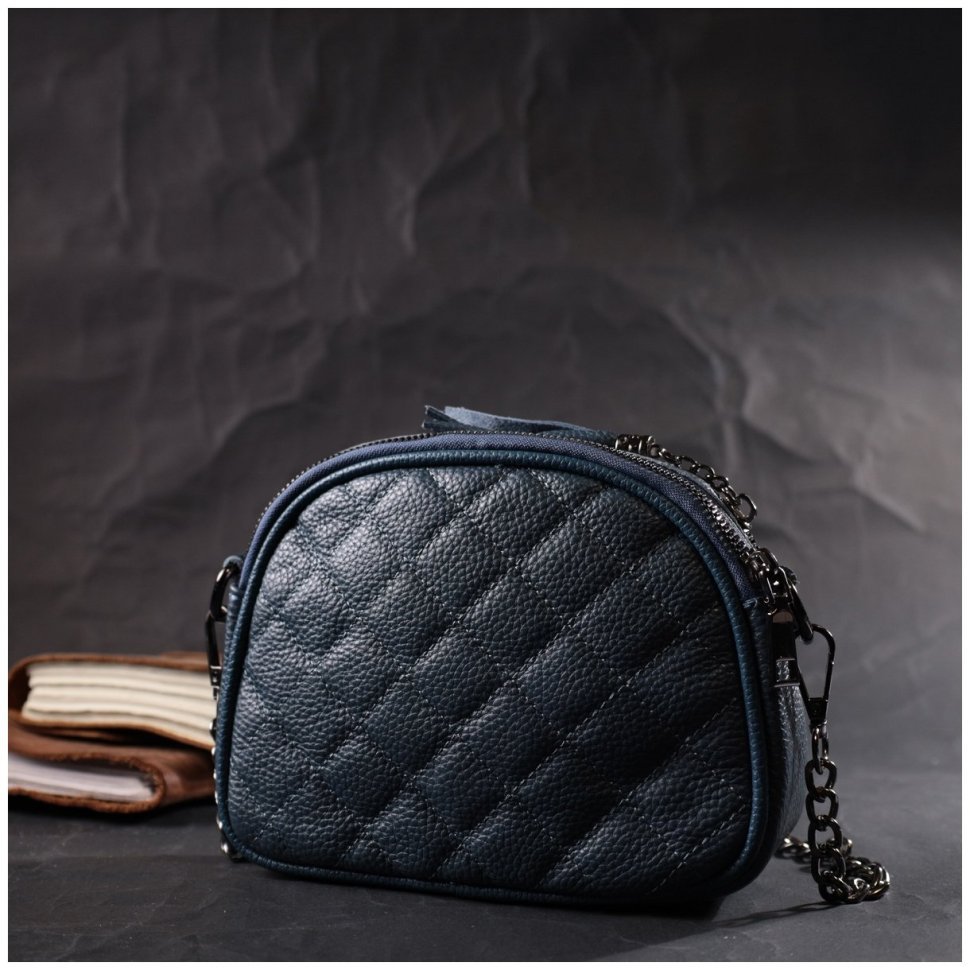 Женская стеганая сумка из натуральной кожи синего цвета с длинным ремешком Vintage 2422327