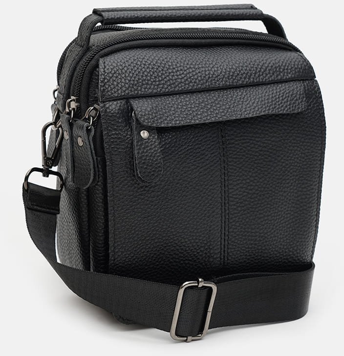 Мужская черная сумка-барсетка из натуральной кожи с крупно-выраженной фактурой Keizer (22067)