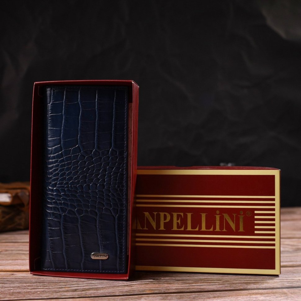 Мужской синий вертикальный бумажник из натуральной кожи с тиснением под крокодила CANPELLINI (2421901)