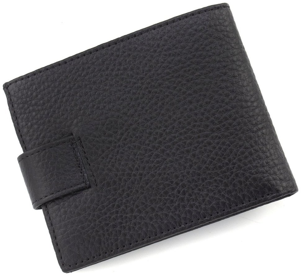 Черное функциональное мужское портмоне из натуральной кожи с хлястиком на кнопке KARYA 69765