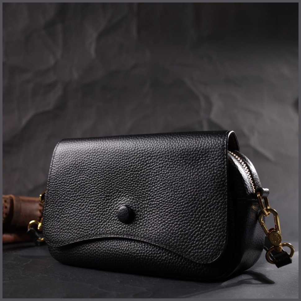 Маленькая женская сумка из натуральной кожи черного цвета на плечо Vintage 2422429