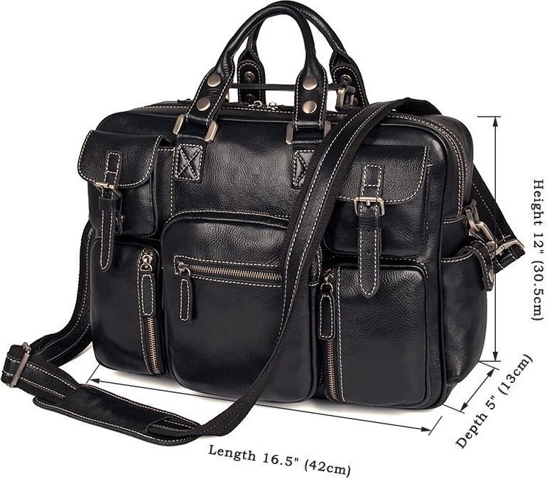 Многофункциональная кожаная сумка черного цвета с карманами VINTAGE STYLE (14204)