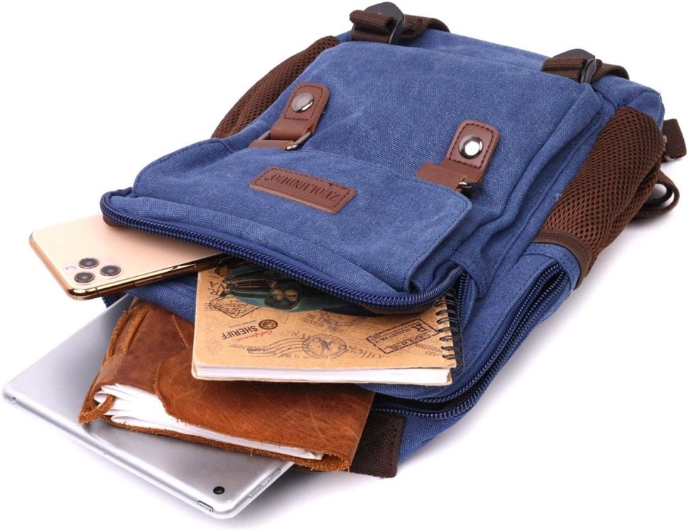Большой мужской слинг-рюкзак из синего текстиля Vintage 2422169