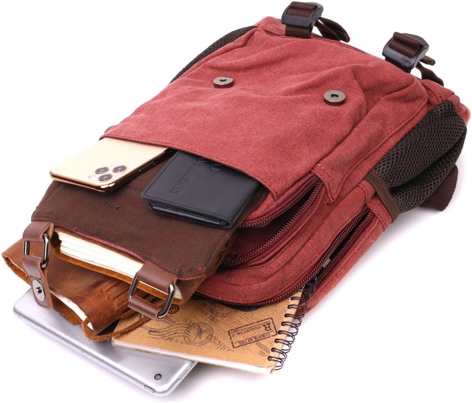 Мужская текстильная сумка-рюкзак бордового цвета на две молнии Vintage 2422170