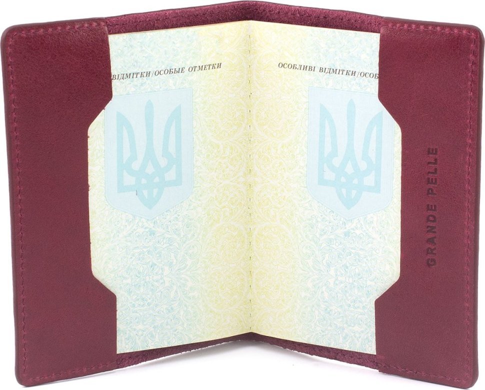 Кожаная обложка для паспорта марсалового цвета с картой Украины - Grande Pelle (21945)