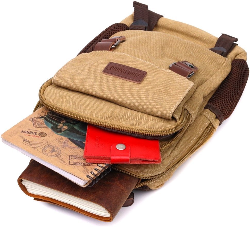 Вместительная мужская сумка-рюкзак из текстиля песочного цвета Vintage 2422171