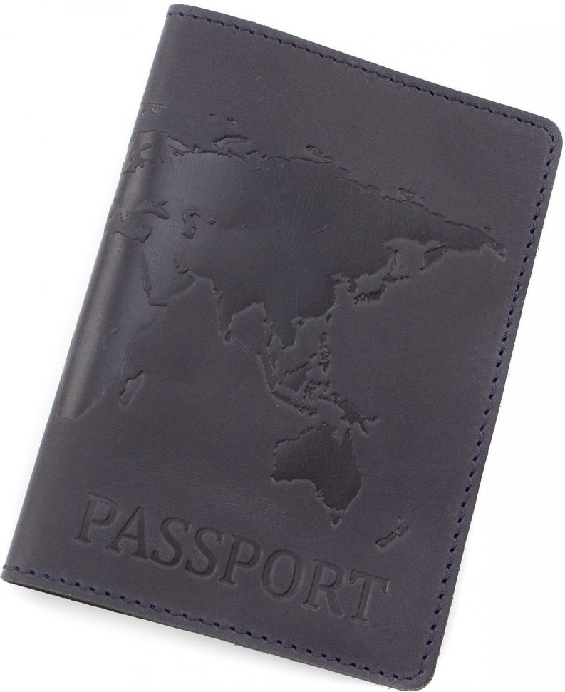 Синяя кожаная обложка для паспорта с рисунком карты ST Leather (17765)