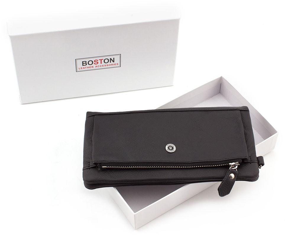 Черный кожаный кошелек с фиксацией на кнопку BOSTON (16060)