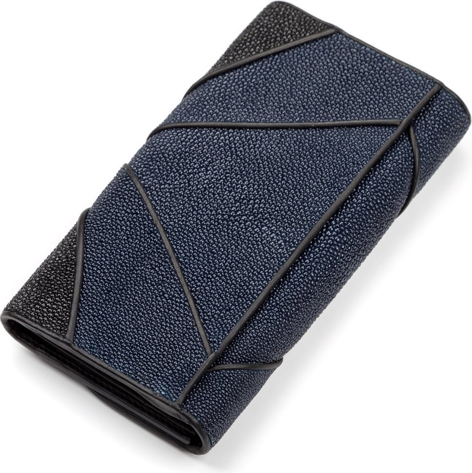 Черно-синий кошелек из натуральной кожи морского ската с фиксацией STINGRAY LEATHER (024-18095)