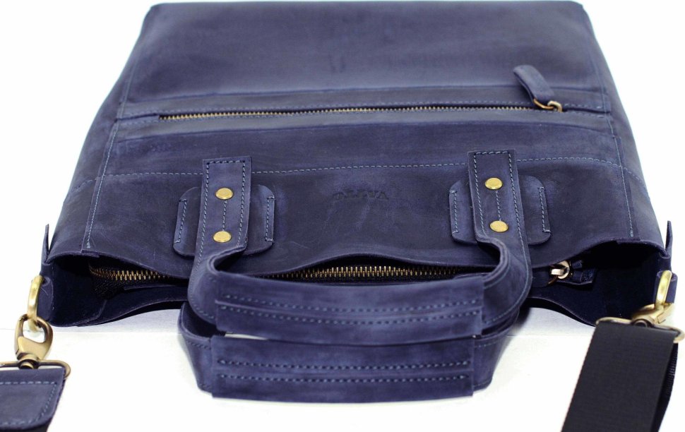 Мужская кожаная сумка синего цвета под маленький ноутбук VATTO (12112)