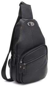 Чоловіча сумка-слінг середнього розміру із фактурної шкіри у чорному кольорі Keizer 71672