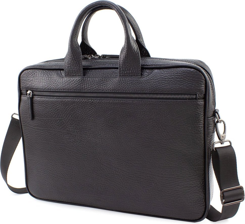 Добротная мужская сумка-портфель из натуральной кожи черного цвета на молнии KARYA (10267)