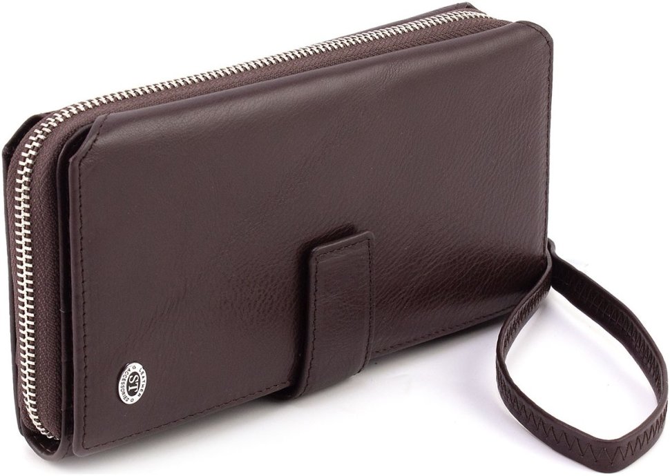 Вместительный коричневый кошелек-клатч из натуральной кожи на запястье ST Leather 1767373