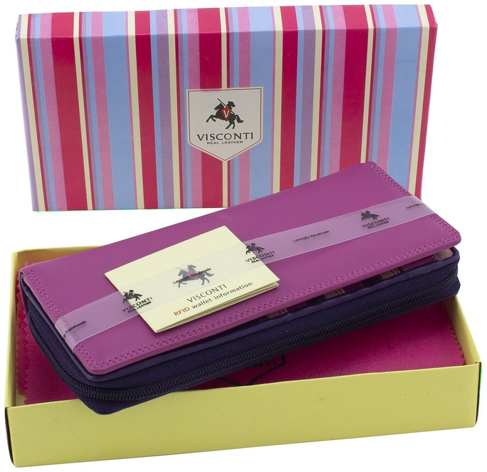 Вместительный кожаный женский кошелек розово-фиолетового цвета c RFID - Visconti Honolulu 68776