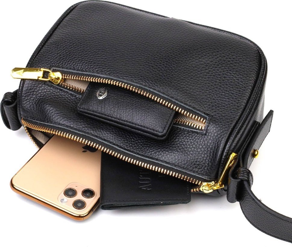 Черная женская сумка через плечо из натуральной кожи Vintage (2422127)