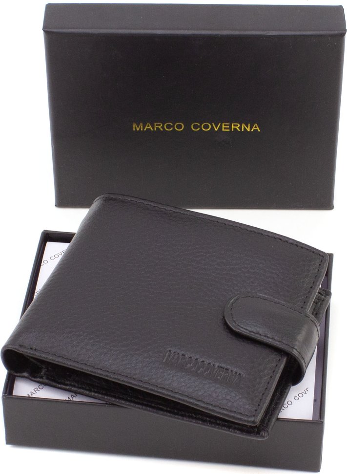 Черное мужское портмоне маленького размера из натуральной кожи с фиксацией Marco Coverna (21589)