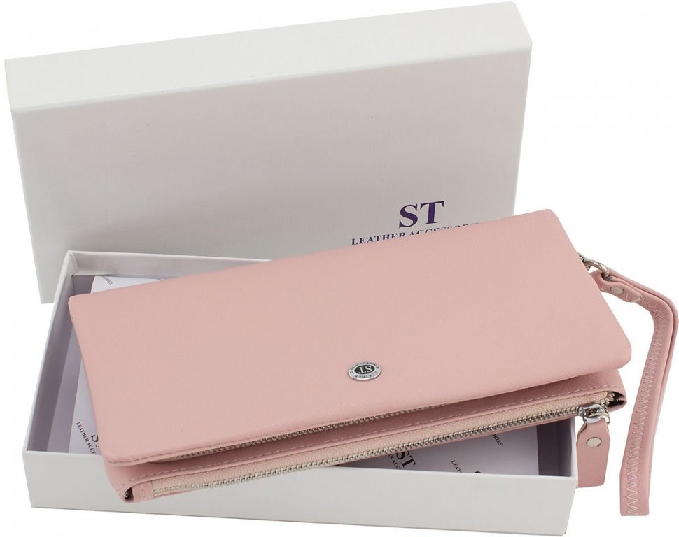 Женский кожаный кошелек-клатч светло-розового цвета с отделением для телефона ST Leather (15406)