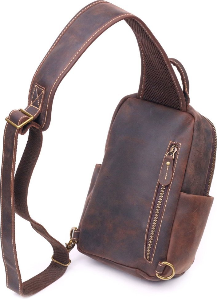 Добротная мужская сумка-слинг из винтажной кожи коричневого цвета Vintage (2421285)
