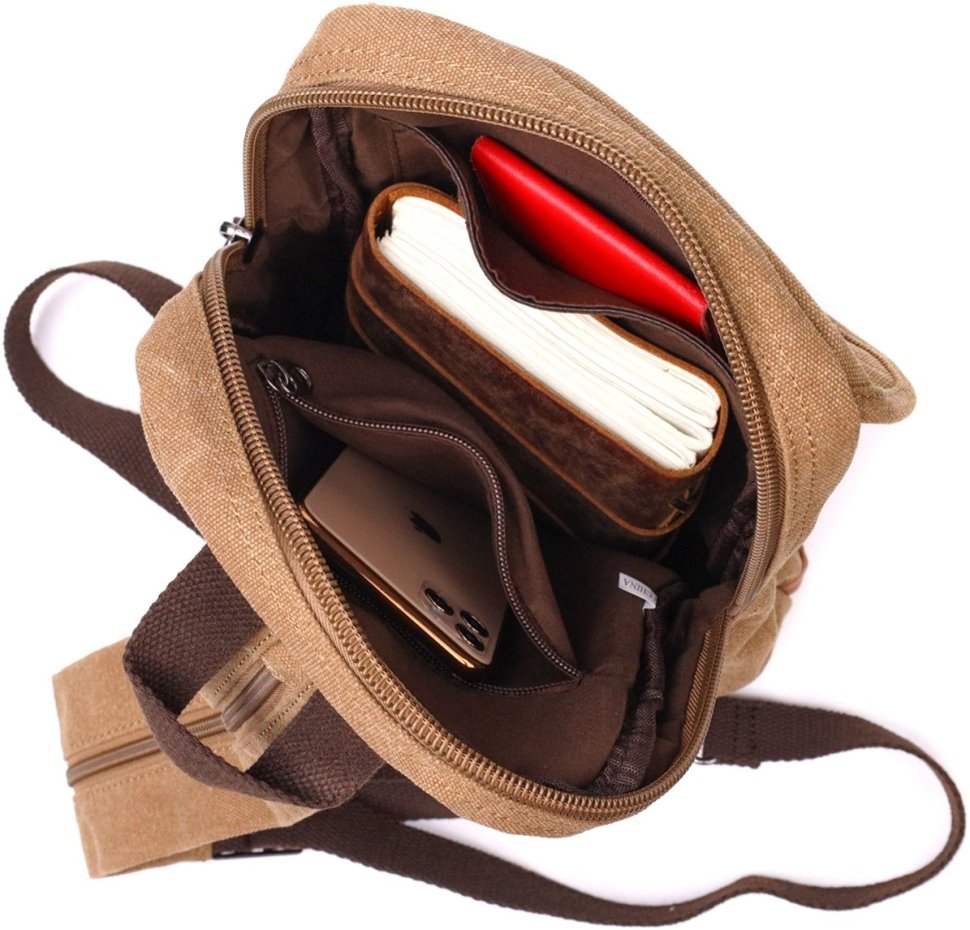Коричневая мужская сумка-слинг из плотного текстиля на молнии Vintage 2422183