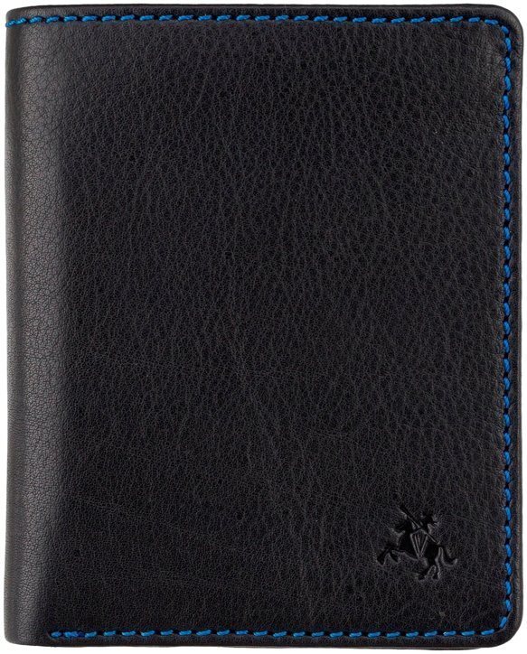 Вертикальное мужское портмоне из натуральной кожи черного цвета с синей строчкой Visconti Alder 69180
