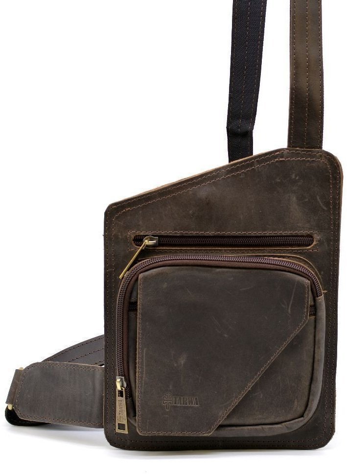 Кожаный рюкзак-слинг коричневого цвета с винтажным эффектом TARWA (19662)