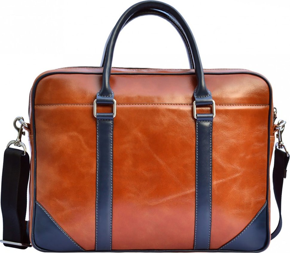 Деловая мужская сумка для ноутбука из натуральной кожи в рыже-синем цвете Issa Hara (21188)