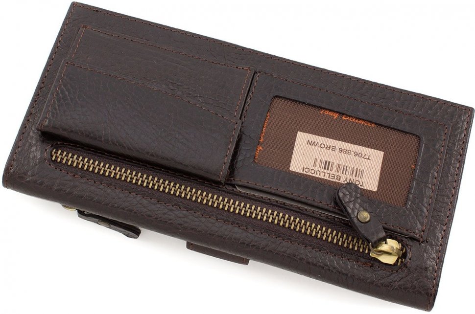 Кожаный коричневый купюрник с фиксацией на кнопку Tony Bellucci (12455)