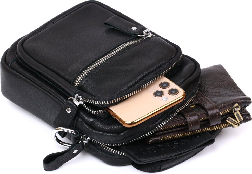 Миниатюрная мужская сумка-барсетка из натуральной кожи черного цвета Vintage (20477)