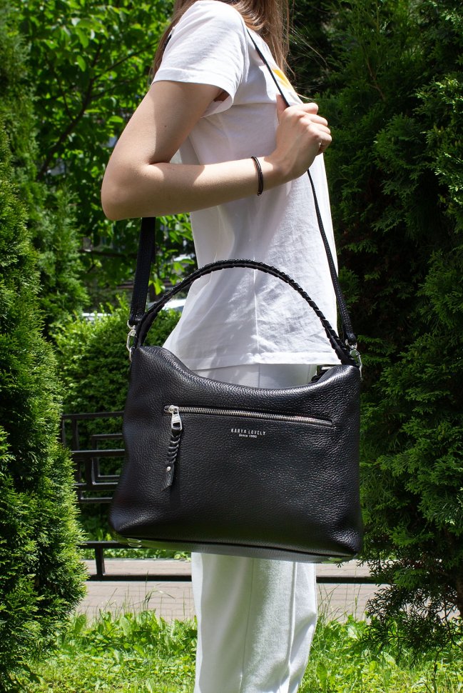 Вместительная женская сумка из черной кожи флотар на две молнии KARYA (21036)