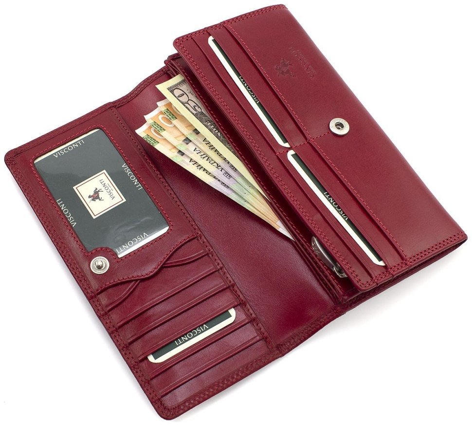 Крупный женский кошелек из гладкой кожи красного цвета с RFID - Visconti 68886