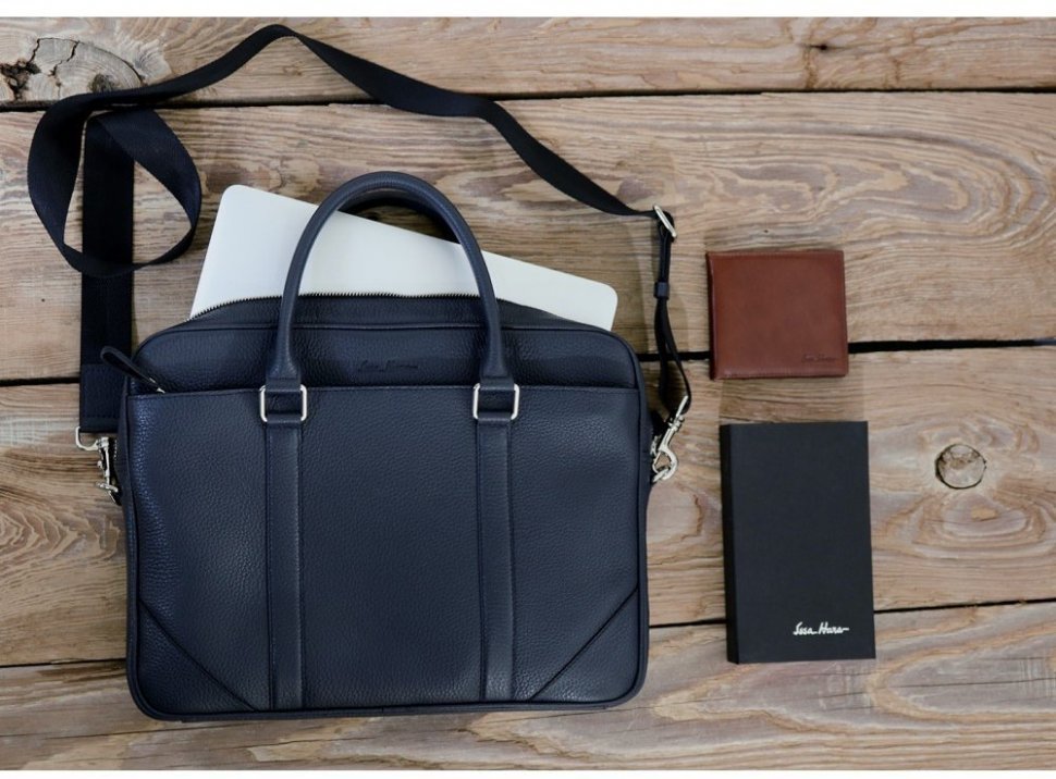 Деловая мужская сумка для ноутбука из натуральной кожи в темно-синем цвете Issa Hara (21190)