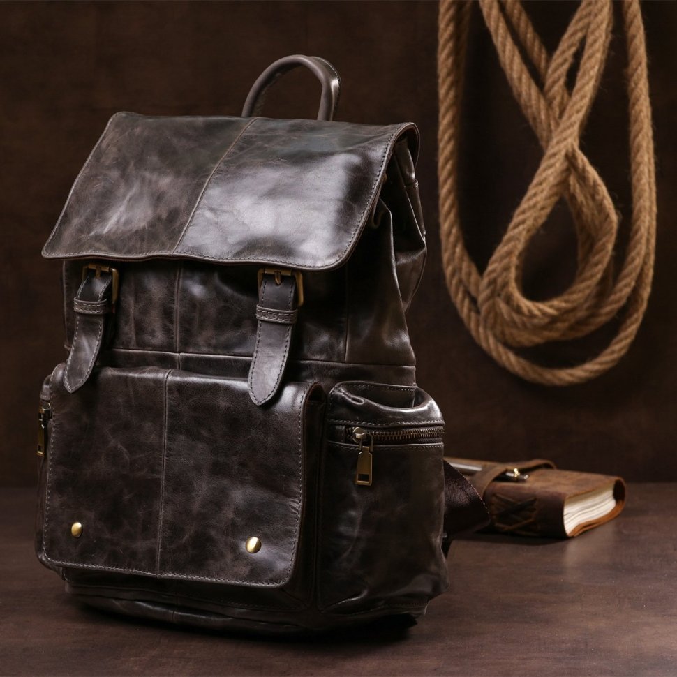 Стильный мужской рюкзак коричневого цвета с клапаном VINTAGE STYLE (14668)