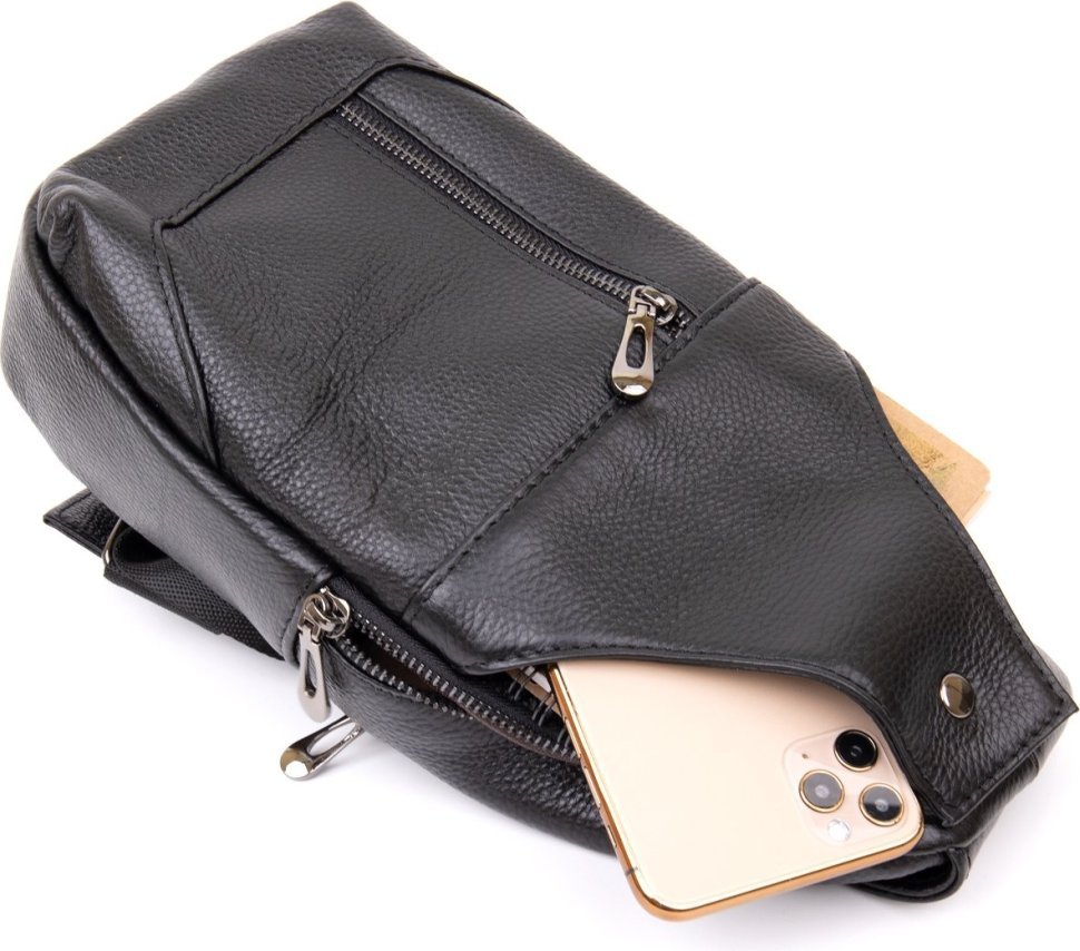 Черная мужская сумка-слинг через плечо из фактурной кожи Vintage (20403) 