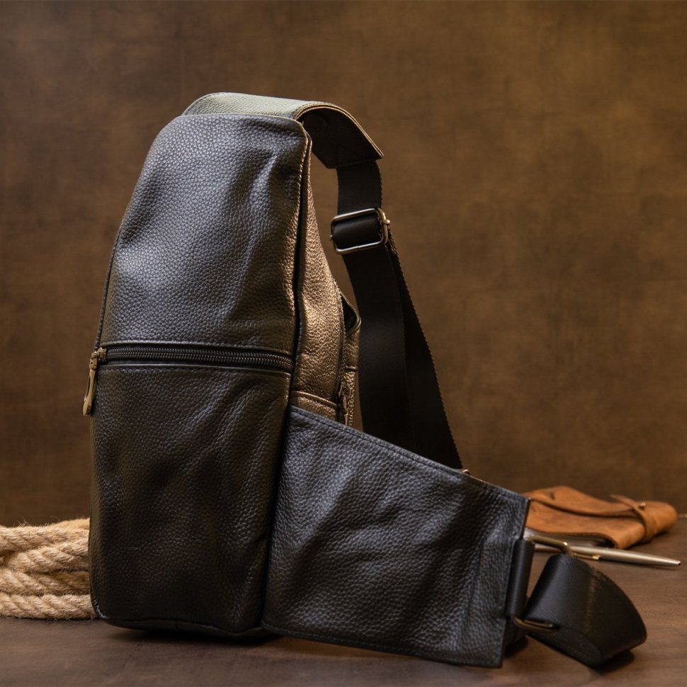 Черная мужская сумка-слинг через плечо из фактурной кожи Vintage (20403) 