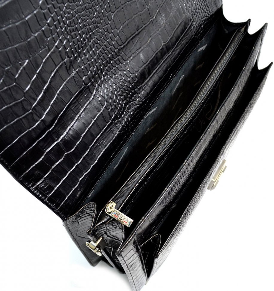 Черный портфель из натуральной кожи под крокодила Desisan (206-11)
