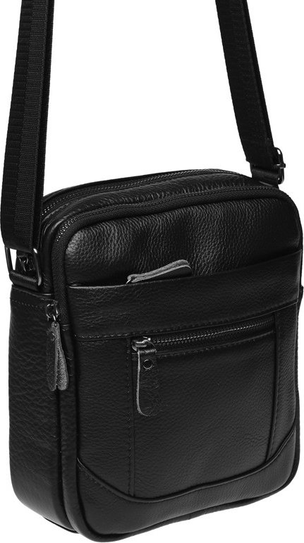 Черная наплечная мужская сумка-планшет из фактурной кожи на две молнии Borsa Leather (21424)