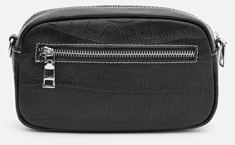 Маленькая женская черная сумка-кроссбоди из натуральной кожи под крокодила Keizer 71689