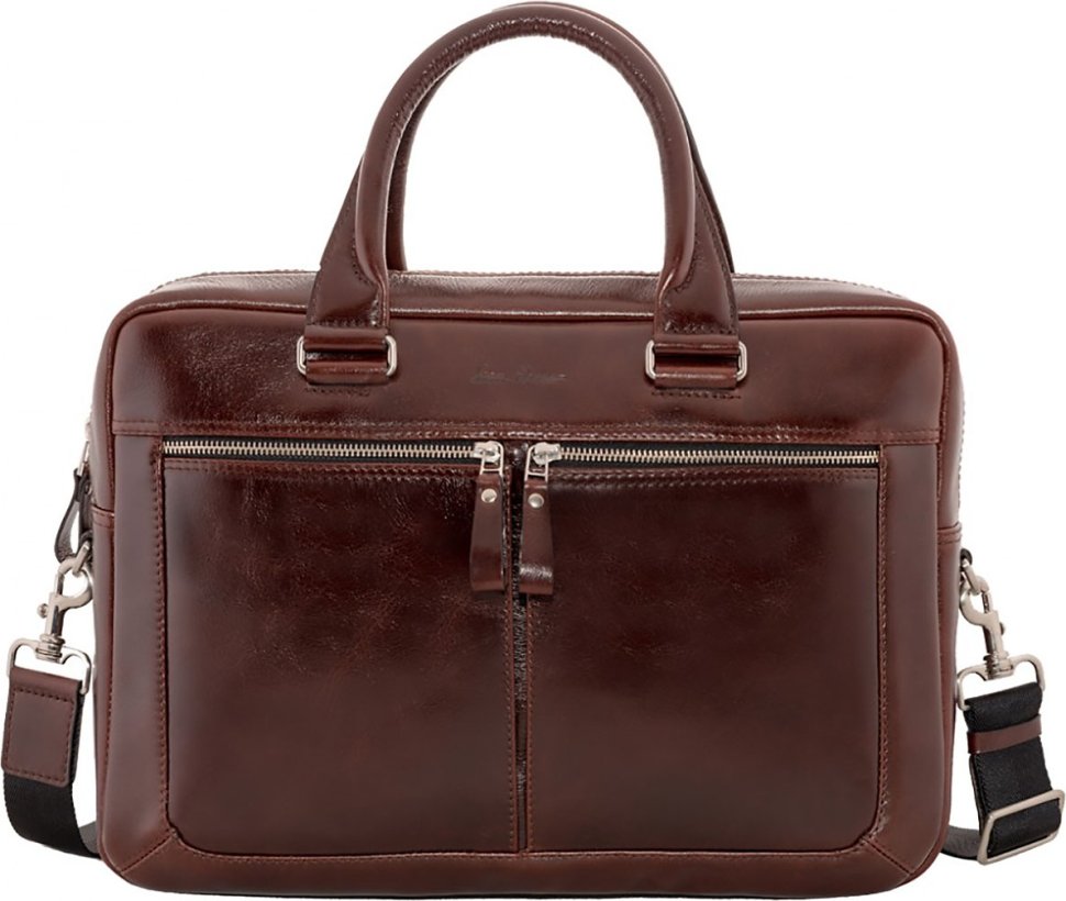 Стильная мужская сумка под ноутбук из гладкой кожи темно-коричневого цвета Issa Hara (21186)