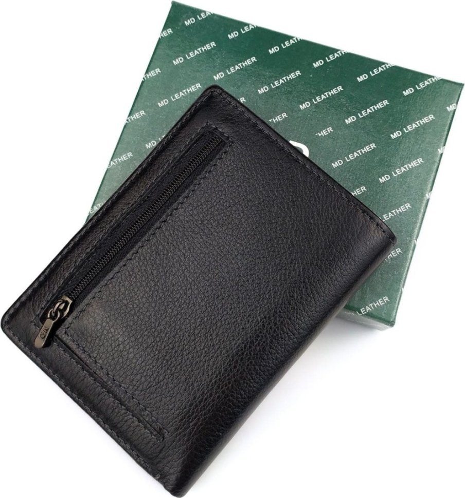﻿Мужское черное портмоне среднего размера из натуральной зернистой кожи на магните MD Leather (21547)