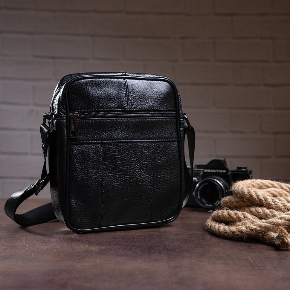 Вертикальная мужская черная сумка из натуральной кожи Vintage (14909)