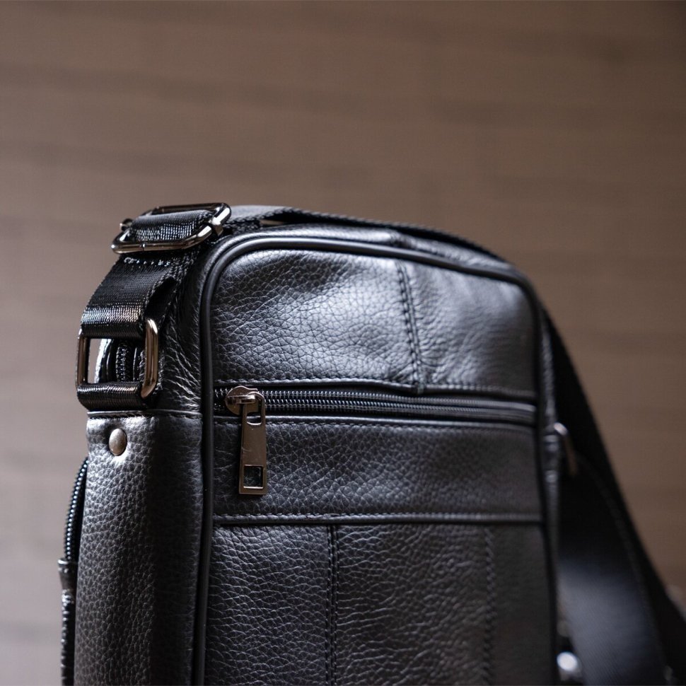 Вертикальная мужская черная сумка из натуральной кожи Vintage (14909)