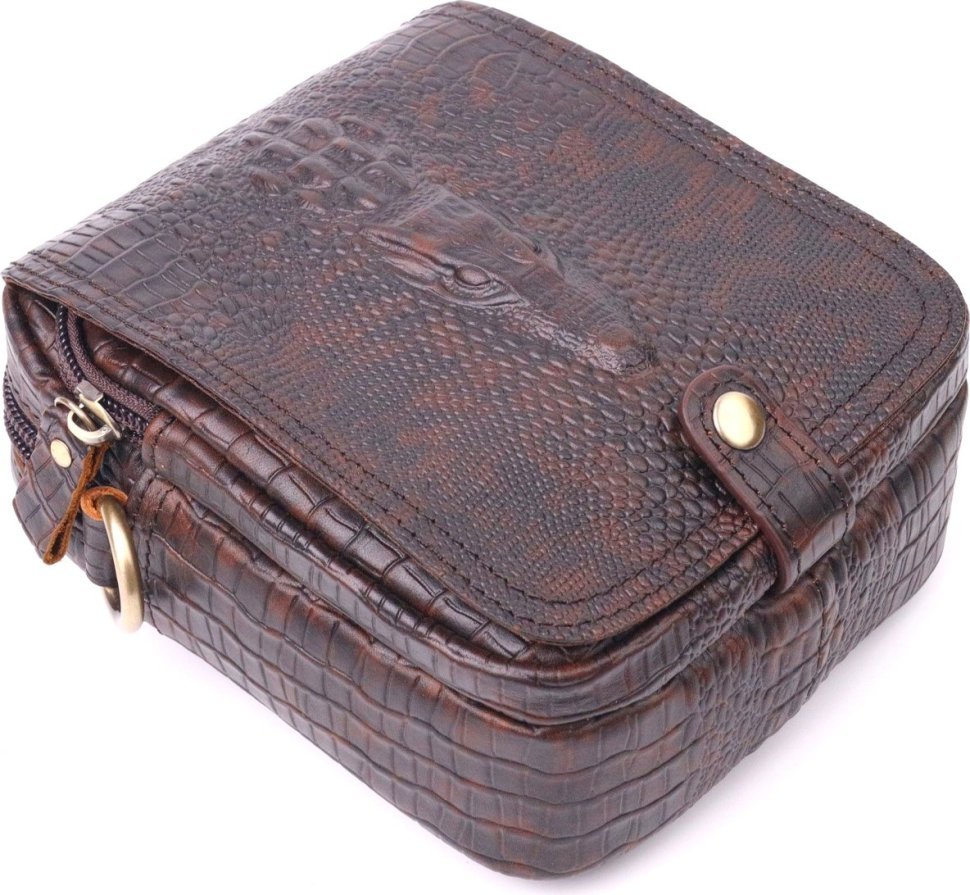 Маленькая коричневая мужская сумка из натуральной кожи с тиснением под крокодила Vintage (2421300)